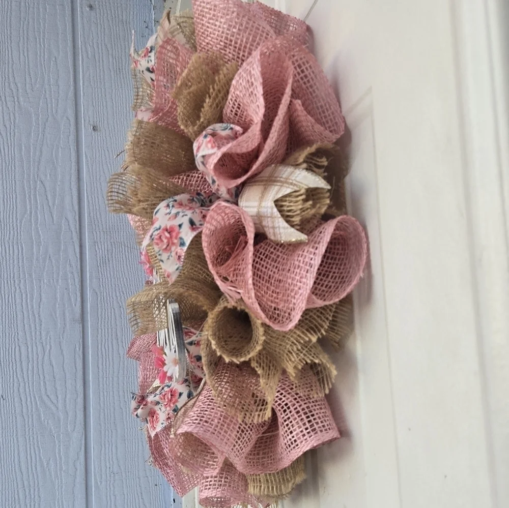 Handmade Pink and tan deco mesh wreath with hello sign spring front door wreath